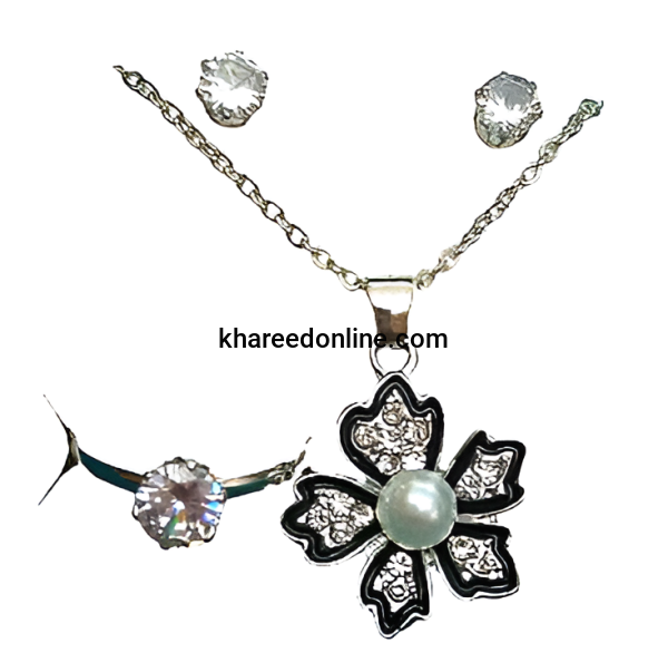 Ladies Flower Jewelry Sets Necklace Earring And Ring Set ( Silver )